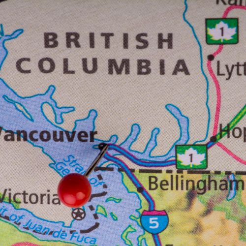a map of British Columbia with a pin in Victoria.