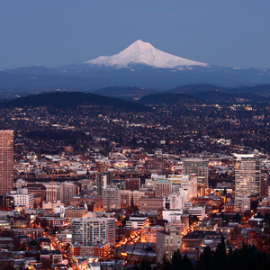 Portland, OR with Mount Hood in the background.