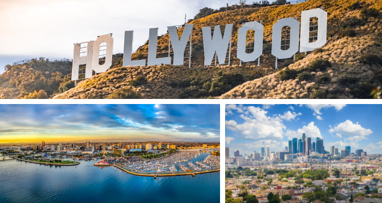 Aerial view of Los Angeles cityscape.