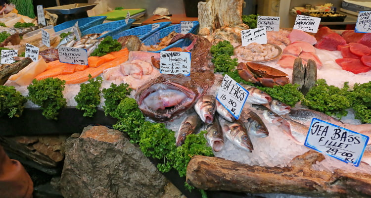 Seafood on ice, at a market,