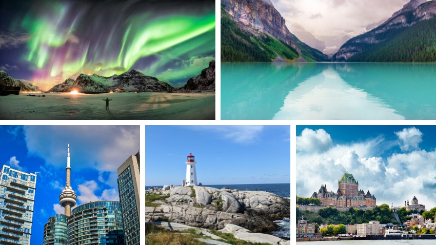 Five photos to represent Canada's landmarks; the northern lights, Lake Louise, the CN Tower, Peggys Cove, and Chateau Frontenac.
