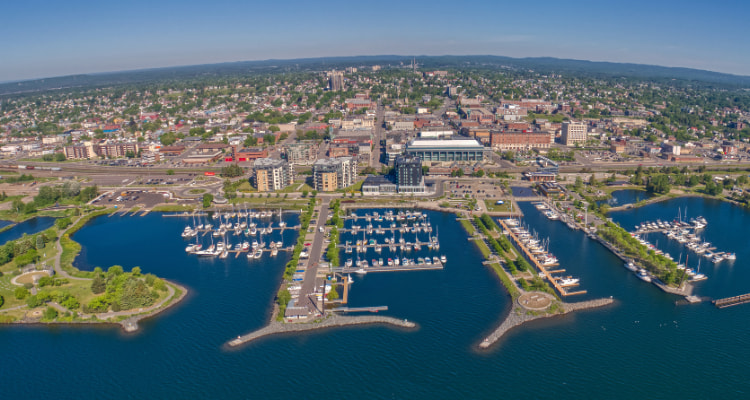 An aerial shot of Thunder Bay and Lake Superior.