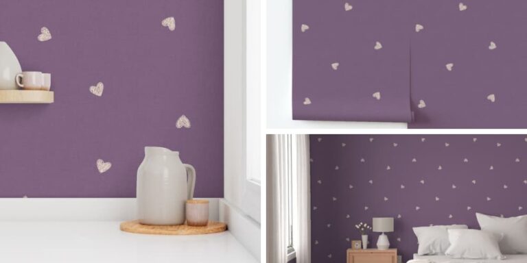 Retro Taupe Hearts on Cute Modern Plum Purple Linen Texture Wallpaper for Baby Girl’s Nursery Room