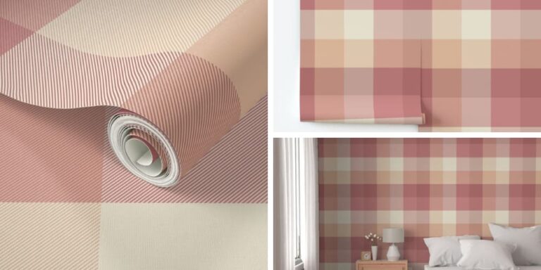 Rustic Muted Pink and Red Plaid Wallpaper for a Baby Girl’s Nursery Room