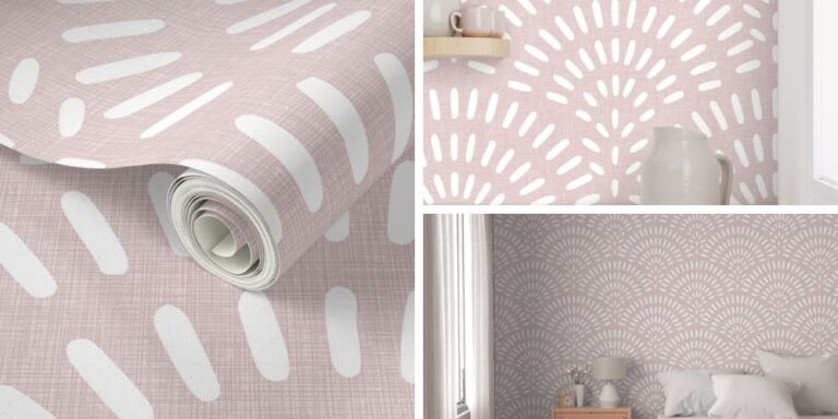 Minimalist Pink Scallop Fans on Soft Cozy Pink Wallpaper for Baby Girl’s Nursery Room