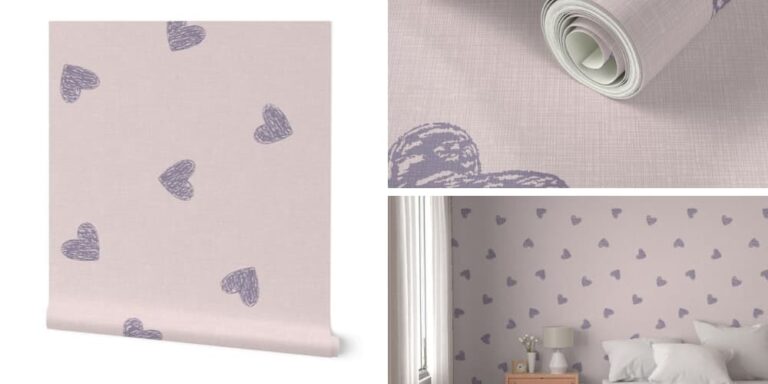 Minimalist Wallpaper in Dusty Pink & Plum Purple with Scattered Hearts on Linen Texture for Baby Girl’s Nursery Room