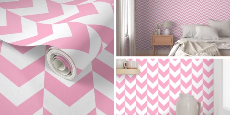 Modern Wallpaper in 3 inch Pink Herringbone Chevron for Baby Girl’s Nursery Room