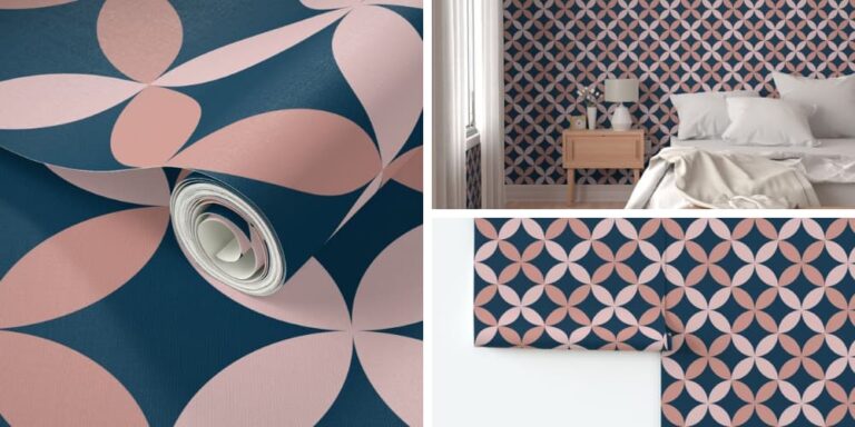 Wallpaper in Large Scale Navy Blue and Pink Geometric for Baby Girl Nursery Room