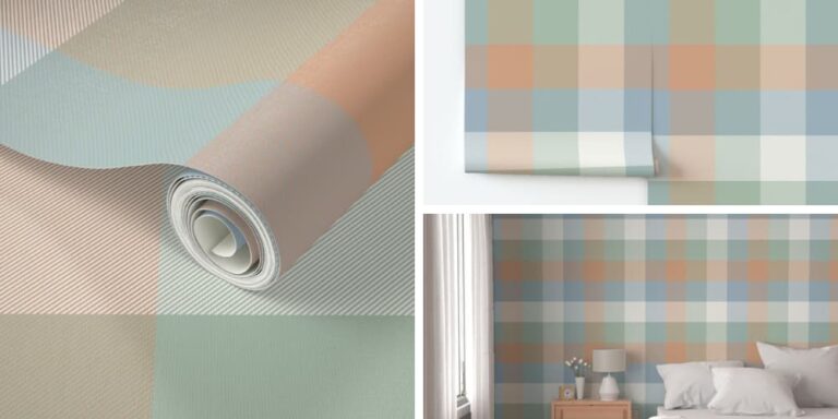 Wallpaper in Neutral Light Blue Green and Pale Terracotta Check for Baby Girl’s Nursery Room